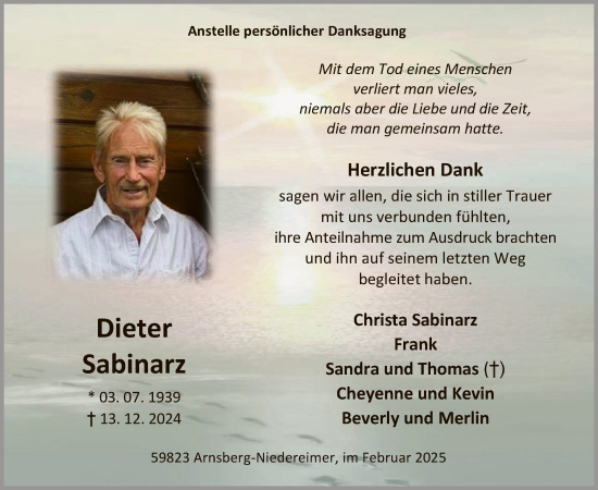 Traueranzeige von Dieter Sabinarz von WA