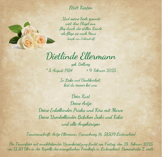 Traueranzeige von Dietlinde Ellermann von WA