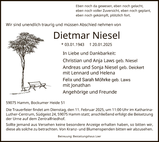 Traueranzeige von Dietmar Niesel von WA