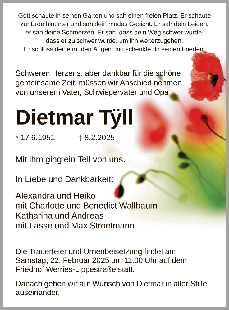  Traueranzeige für Dietmar Tyll vom 15.02.2025 aus WA