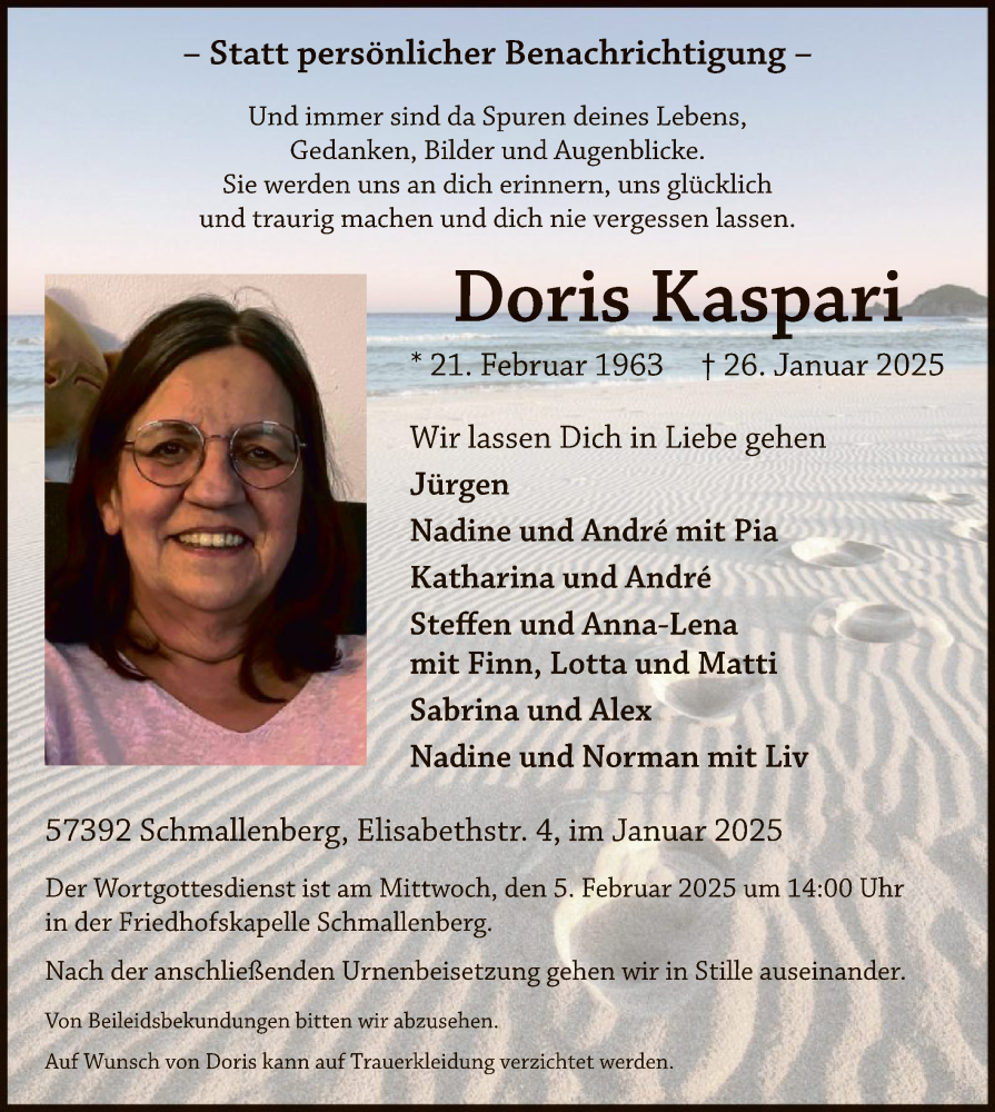  Traueranzeige für Doris Kaspari vom 01.02.2025 aus WA