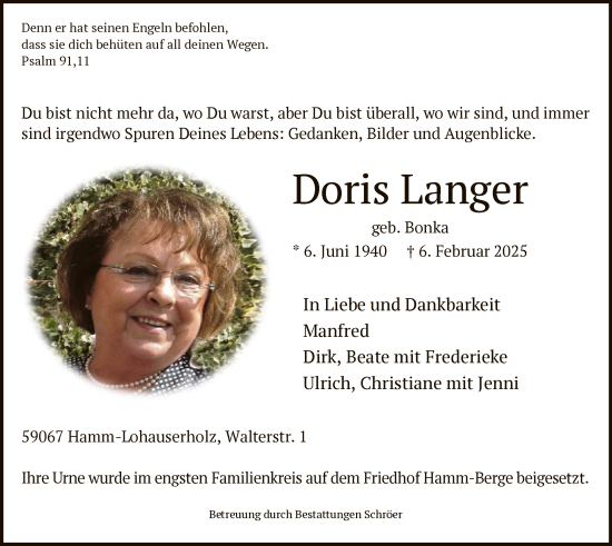 Traueranzeige von Doris Langer von WA