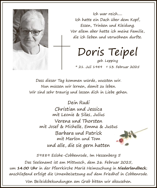 Traueranzeige von Doris Teipel von WA