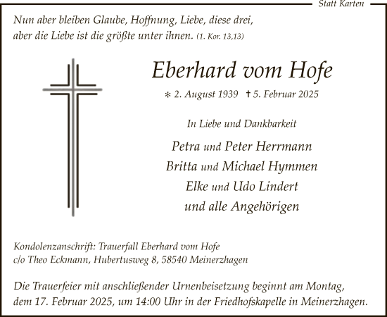 Traueranzeige von Eberhard vom Hofe von WA