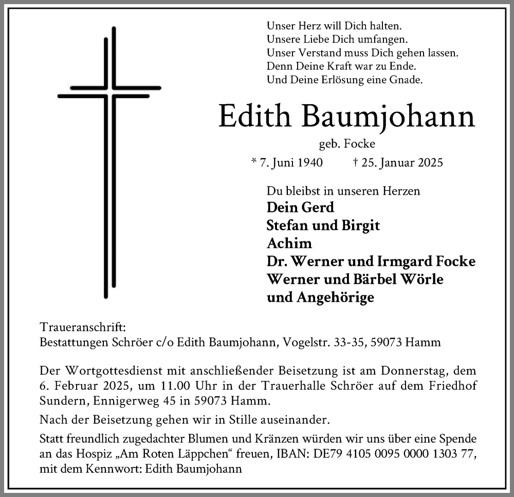  Traueranzeige für Edith Baumjohann vom 01.02.2025 aus WA