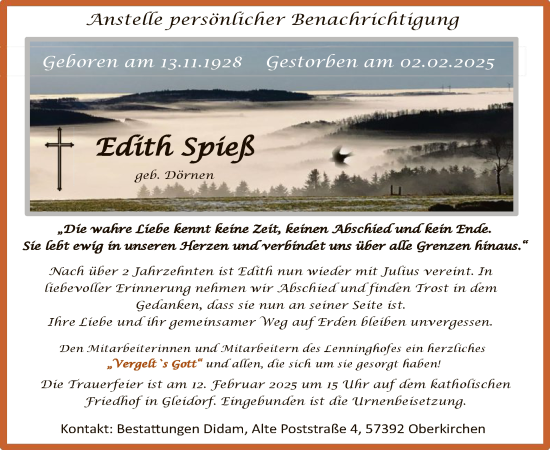 Traueranzeige von Edith Spieß von WA
