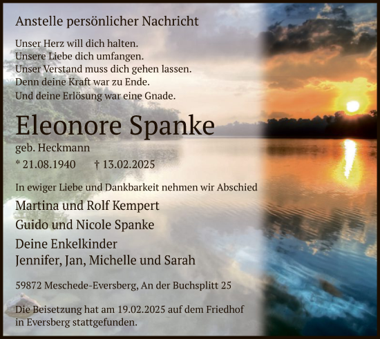Traueranzeige von Eleonore Spanke von WA