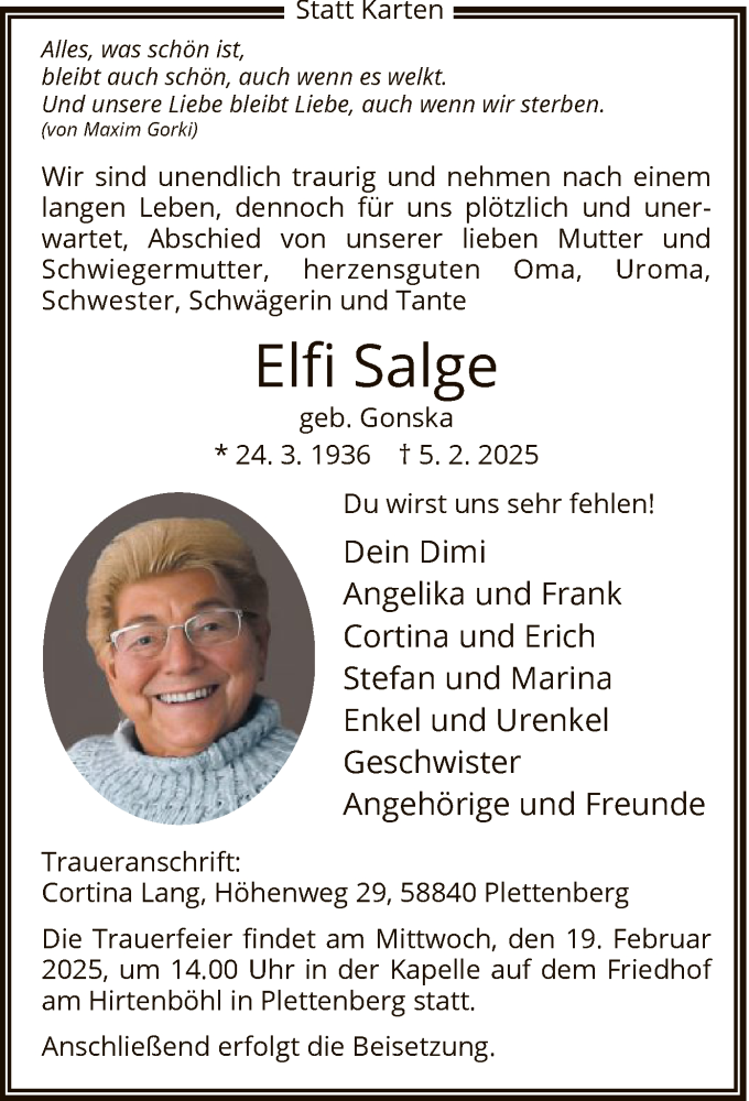  Traueranzeige für Elfi Salge vom 14.02.2025 aus WA