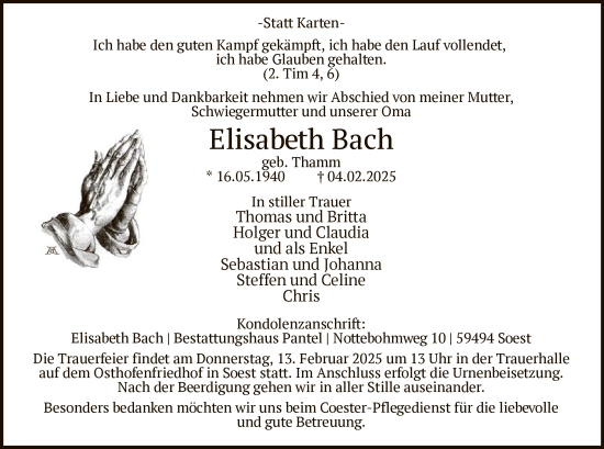 Traueranzeige von Elisabeth Bach von WA