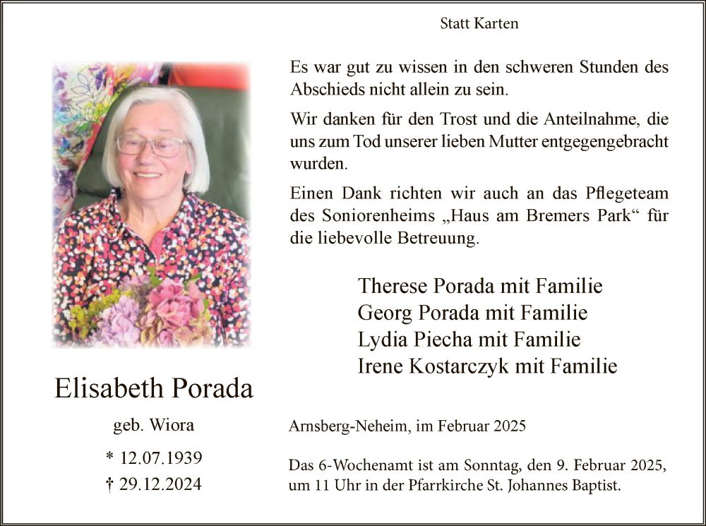 Traueranzeige für Elisabeth Porada vom 01.02.2025 aus WA