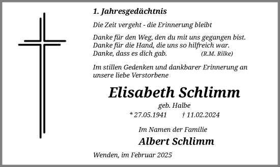 Traueranzeige von Elisabeth Schlimm von WA