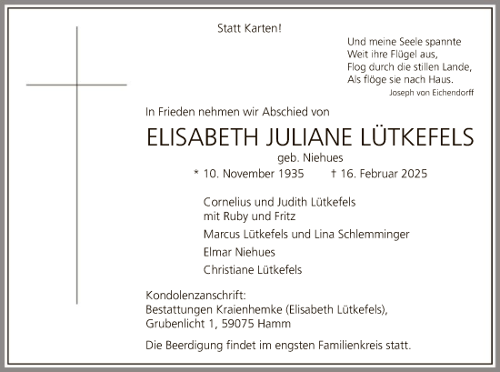 Traueranzeige von Elisabeth Juliane Lütkefels von WA