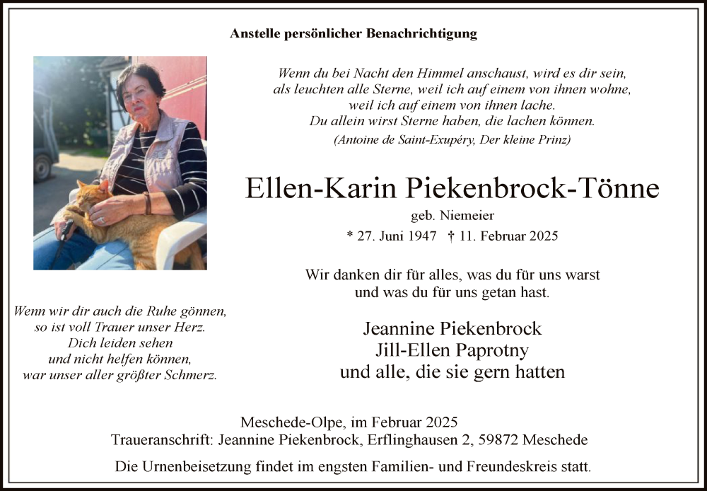  Traueranzeige für Ellen-Karin Piekenbrock-Tönne vom 15.02.2025 aus WA