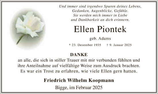 Traueranzeige von Ellen Piontek von WA