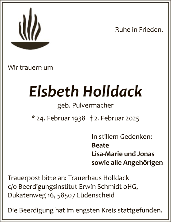 Traueranzeige von Elsbeth Holldack von WA