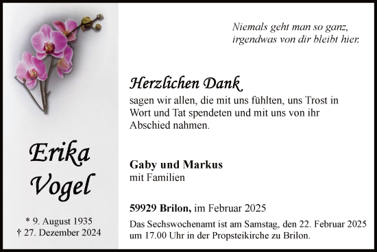 Traueranzeige von Erika Vogel von WA