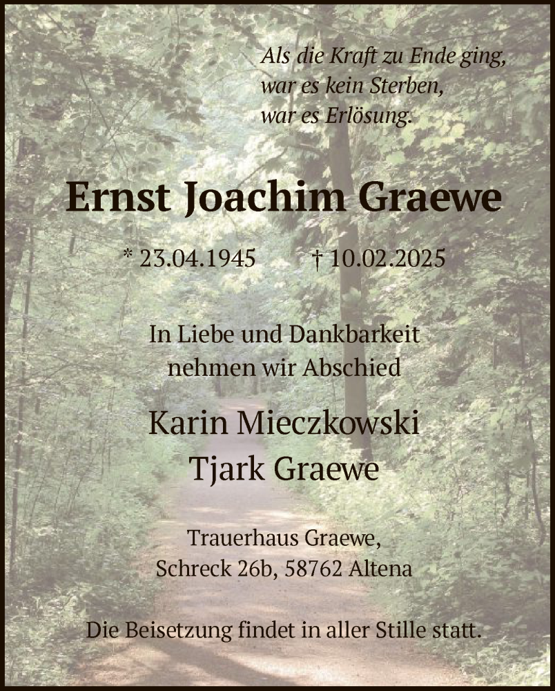  Traueranzeige für Ernst Joachim Graewe vom 22.02.2025 aus WA