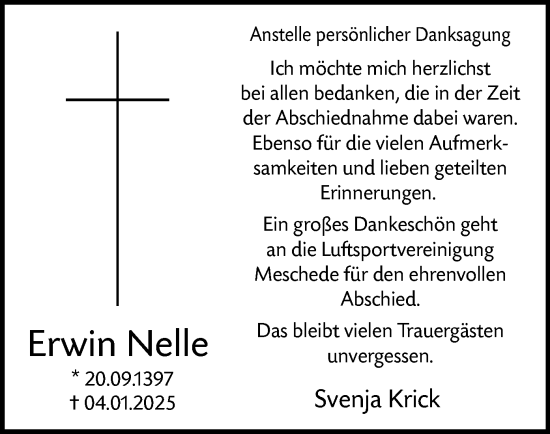 Traueranzeige von Erwin Nelle von WA