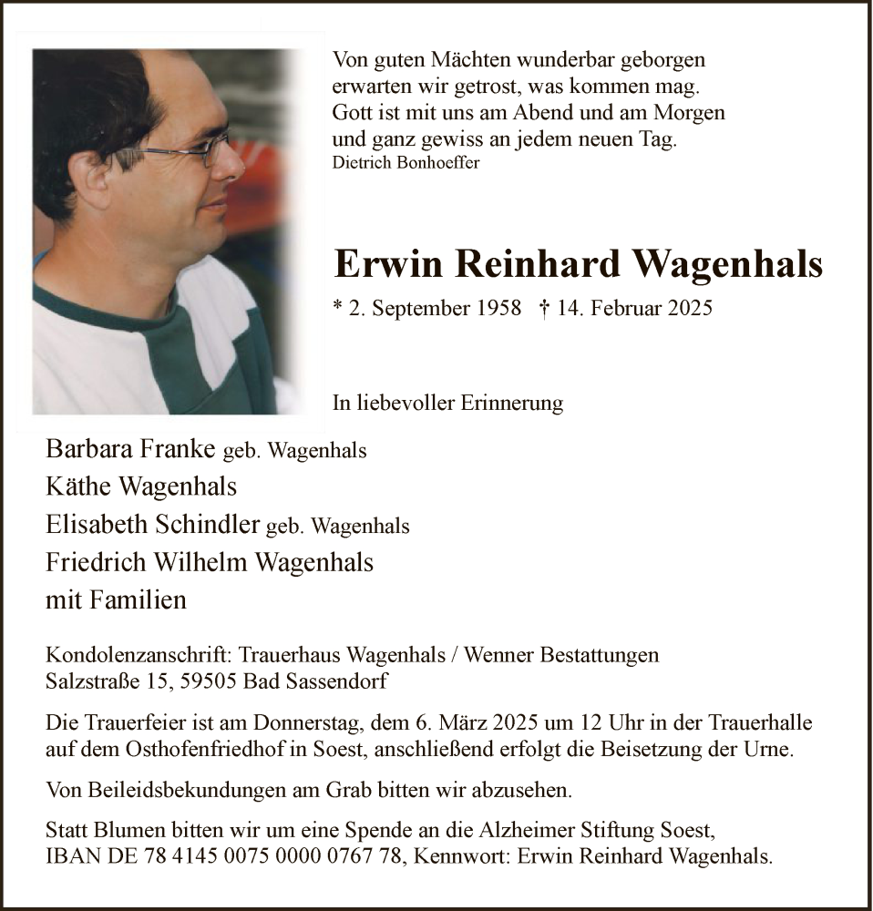  Traueranzeige für Erwin Reinhard Wagenhals vom 22.02.2025 aus WA