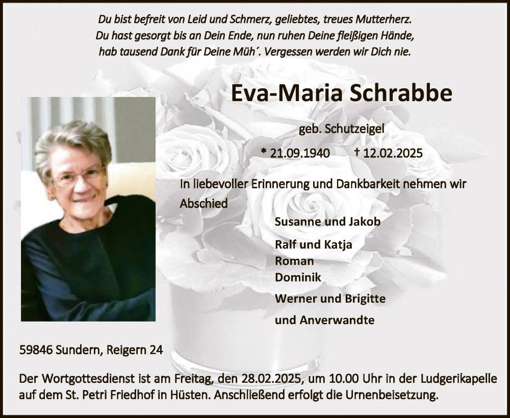 Traueranzeige für Eva-Maria Schrabbe vom 15.02.2025 aus WA