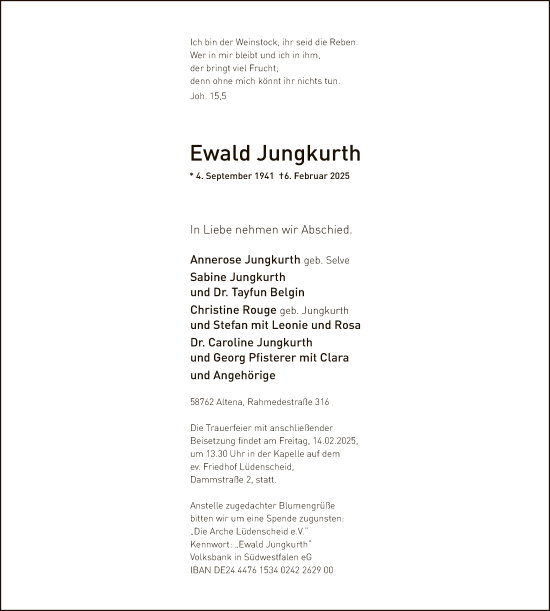 Traueranzeige von Ewald Jungkurth von WA