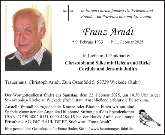 Traueranzeige von Franz Arndt von WA