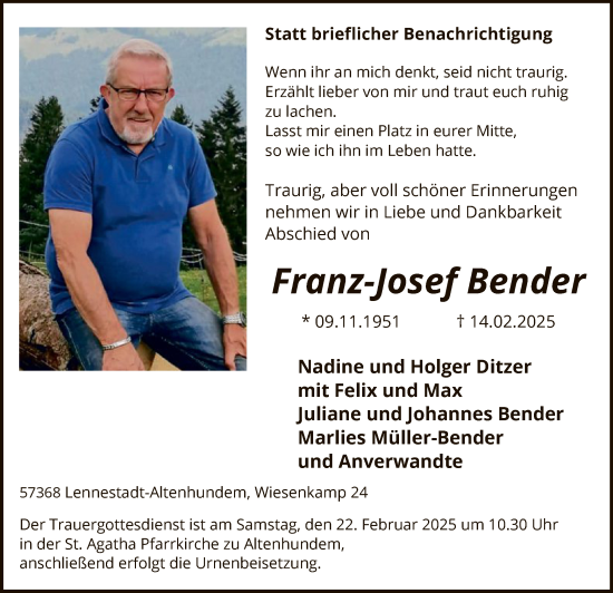 Traueranzeige von Franz-Josef Bender von WA
