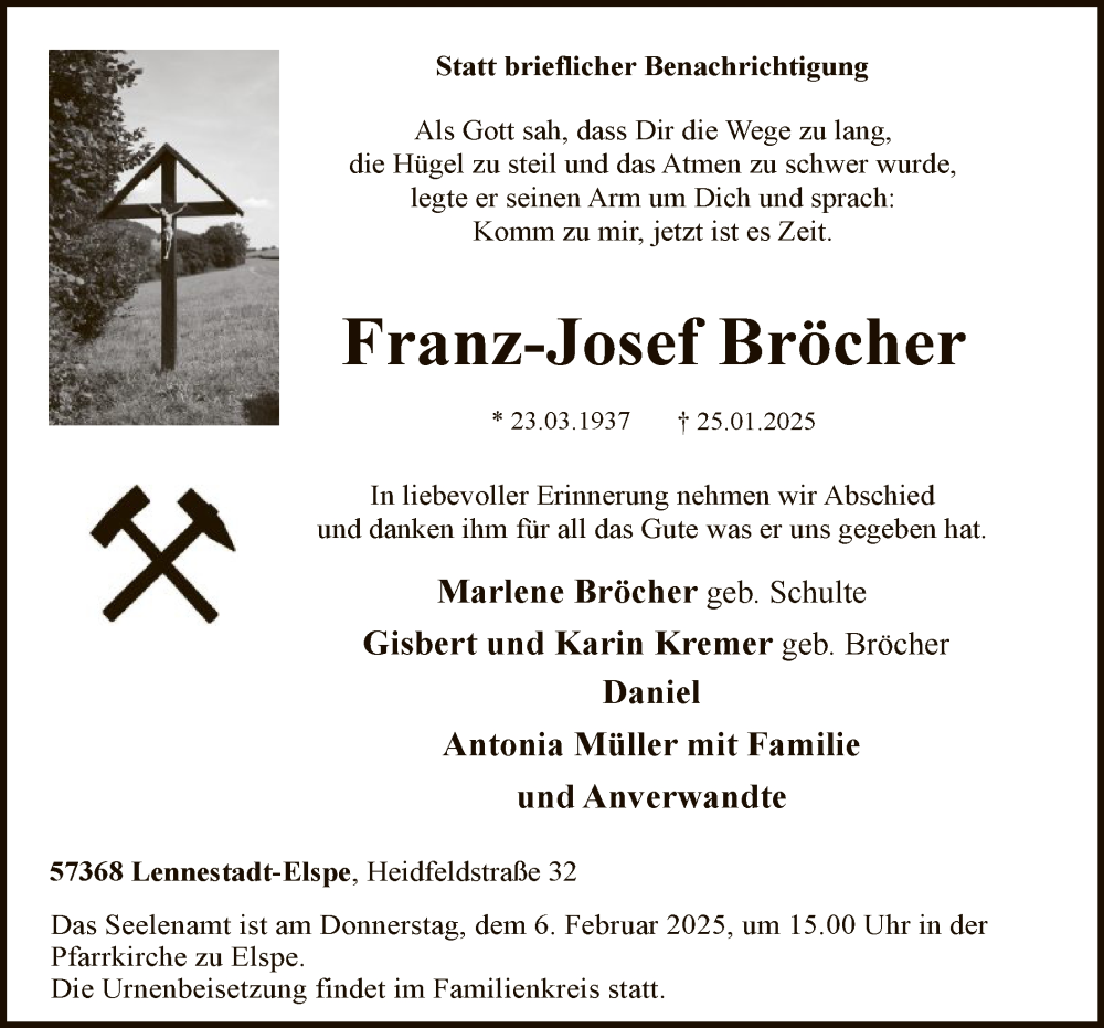  Traueranzeige für Franz-Josef Bröcher vom 01.02.2025 aus WA