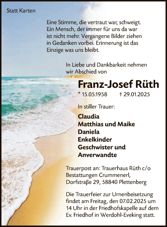 Traueranzeige von Franz-Josef Rüth von WA