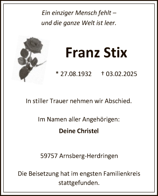 Traueranzeige von Franz Stix von WA