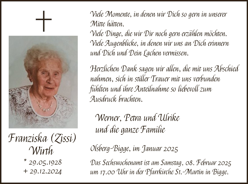  Traueranzeige für Franziska Wirth vom 01.02.2025 aus WA