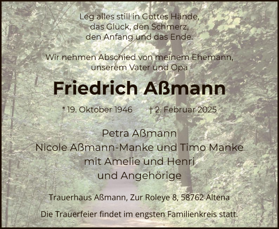 Traueranzeige von Friedrich Aßmann von WA