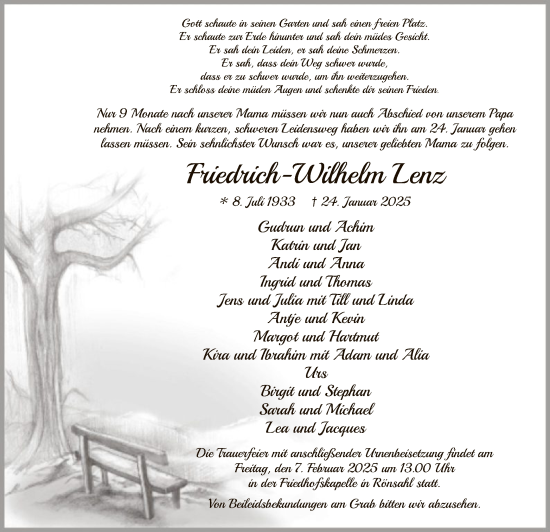 Traueranzeige von Friedrich-Wilhelm Lenz von WA