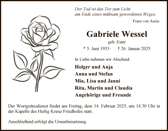 Traueranzeige von Gabriele Wessel von WA