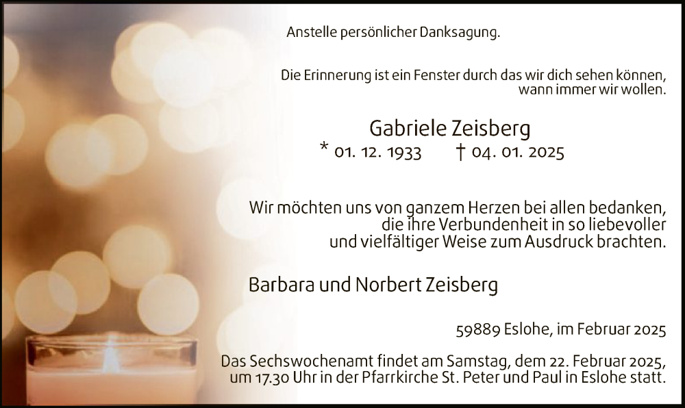  Traueranzeige für Gabriele Zeisberg vom 15.02.2025 aus WA