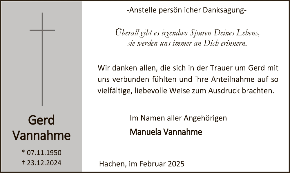  Traueranzeige für Gerd Vannahme vom 15.02.2025 aus WA