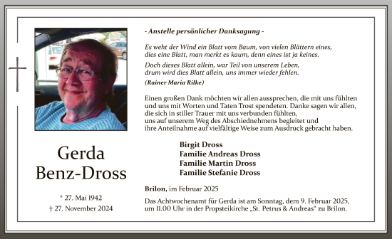 Traueranzeige von Gerda Benz-Dross von WA