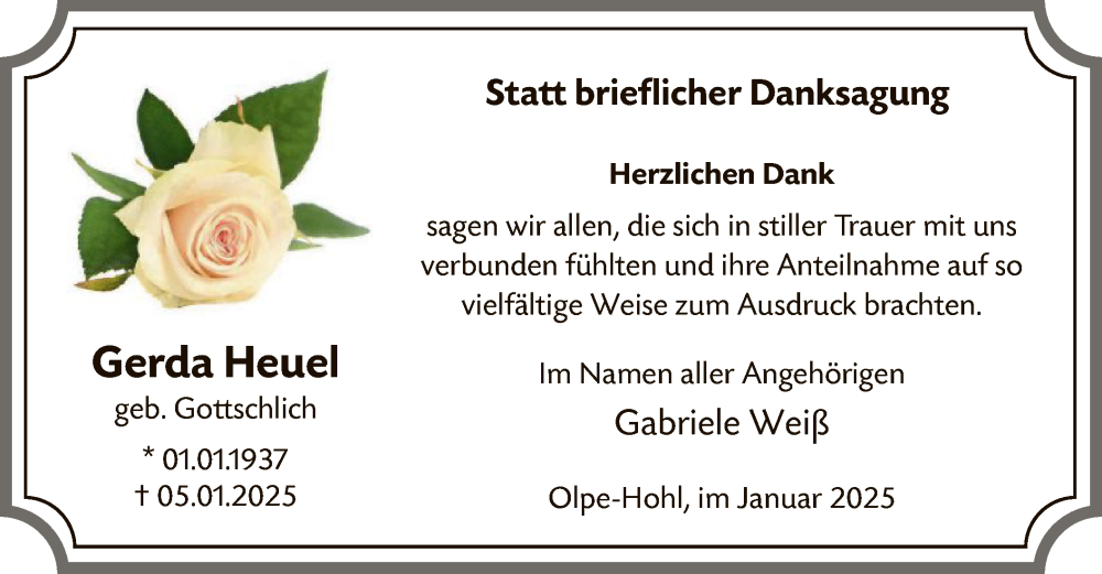  Traueranzeige für Gerda Heuel vom 01.02.2025 aus WA