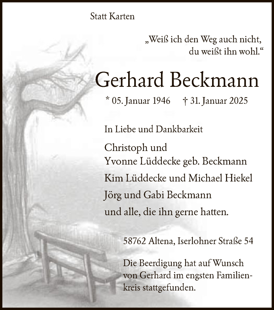  Traueranzeige für Gerhard Beckmann vom 13.02.2025 aus WA