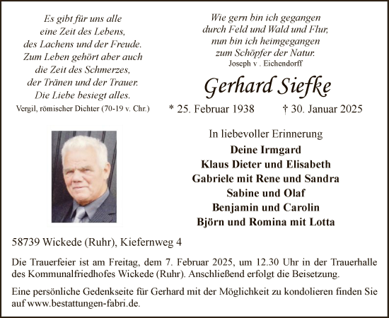 Traueranzeige von Gerhard Siefke von WA