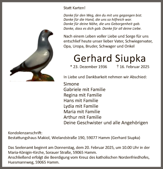 Traueranzeige von Gerhard Siupka von WA