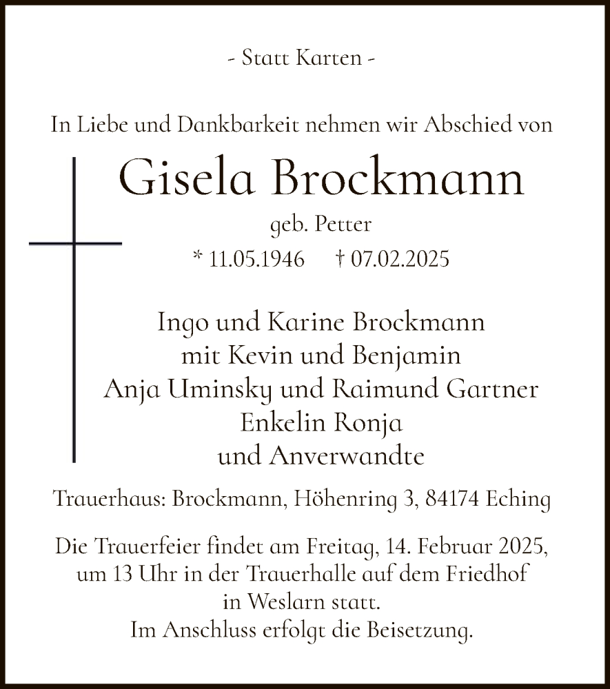  Traueranzeige für Gisela Brockmann vom 12.02.2025 aus WA