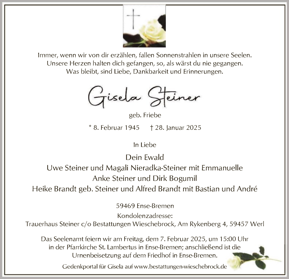  Traueranzeige für Gisela Steiner vom 01.02.2025 aus WA