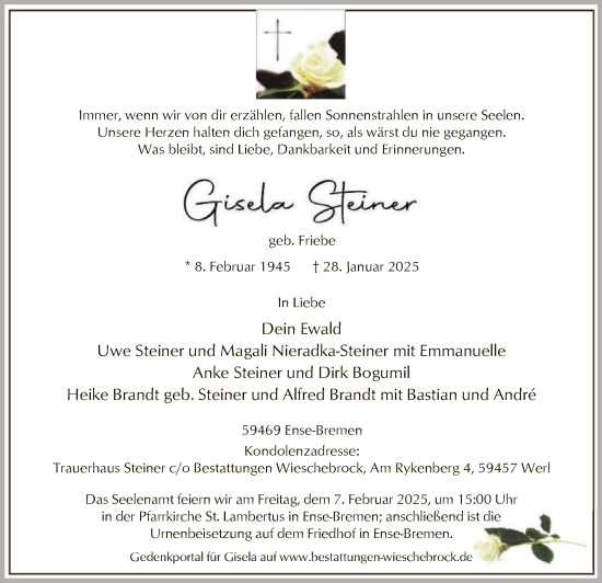 Traueranzeige von Gisela Steiner von WA
