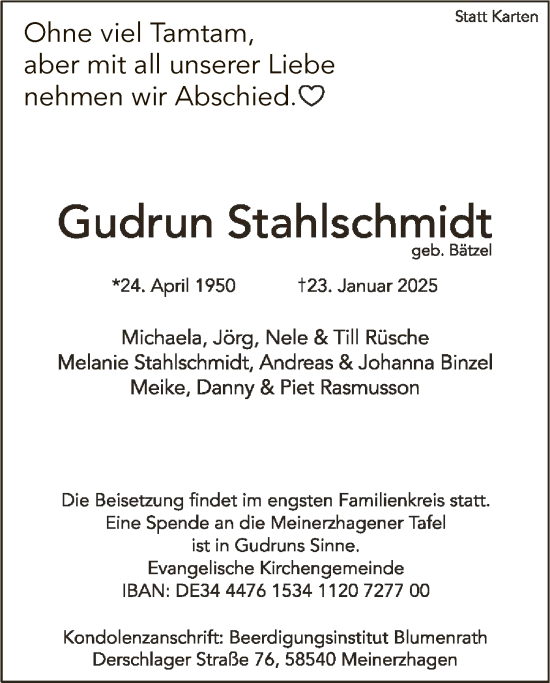 Traueranzeige von Gudrun Stahlschmidt von WA