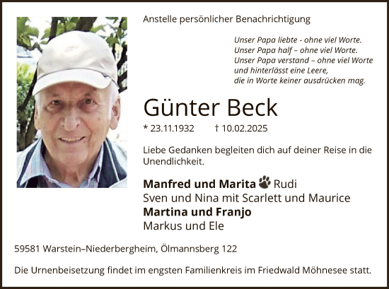 Traueranzeige von Günter Beck von WA