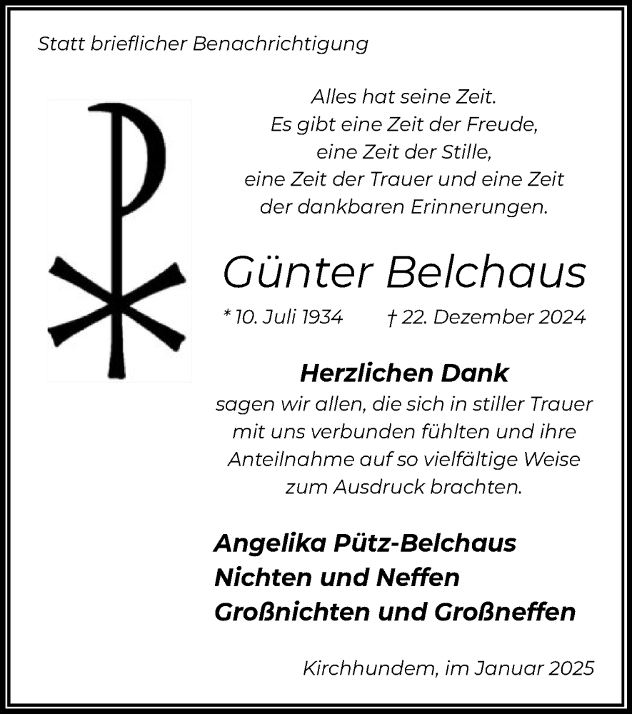  Traueranzeige für Günter Belchaus vom 01.02.2025 aus WA
