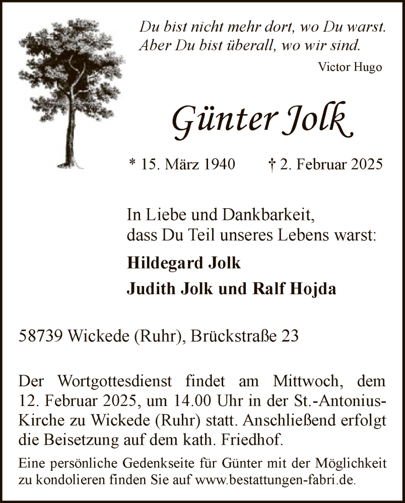  Traueranzeige für Günter Jolk vom 08.02.2025 aus WA