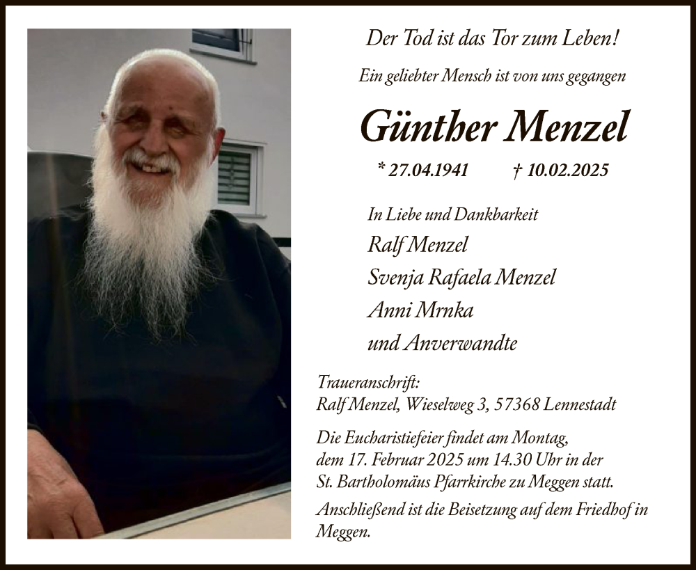  Traueranzeige für Günther Menzel vom 15.02.2025 aus WA