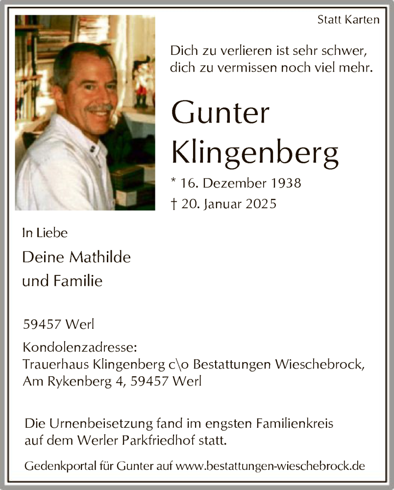  Traueranzeige für Gunter Klingenberg vom 01.02.2025 aus WA